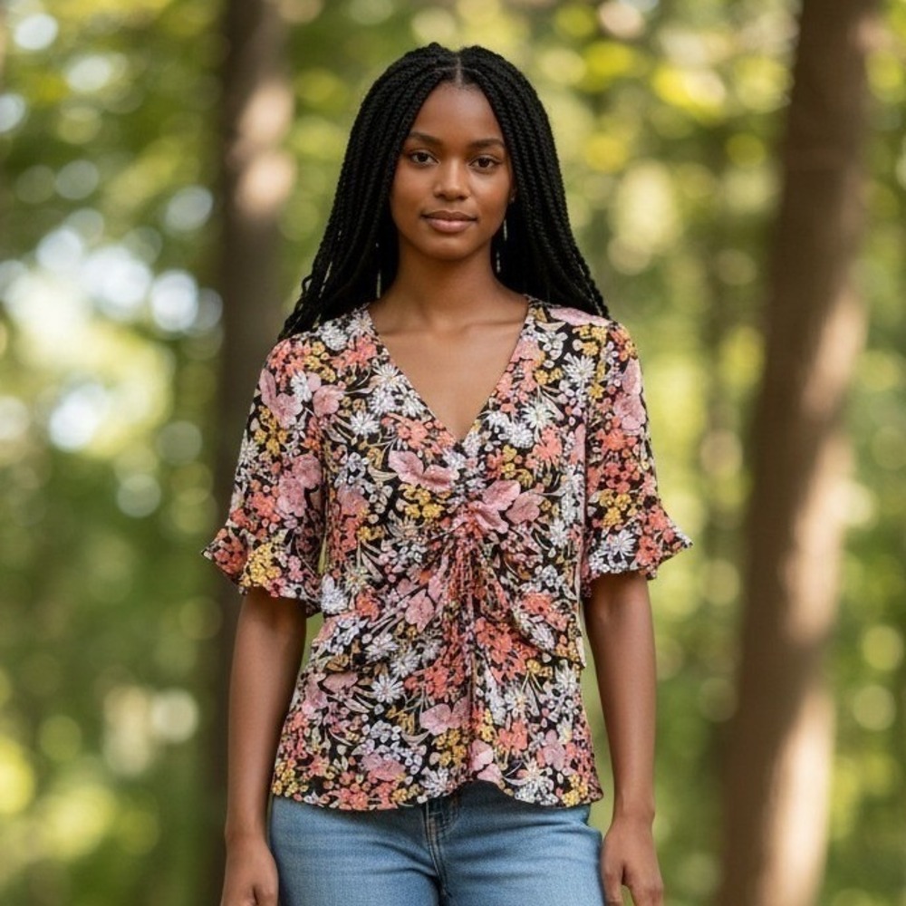 Monteau Los Angeles Womens Floral Ruched Front V-Neck Flutter Sleeve Blouse L